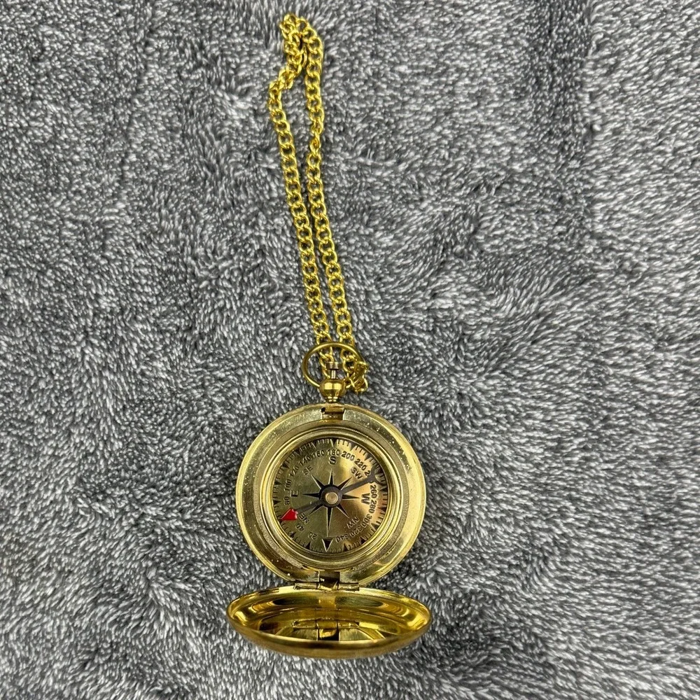 Vintage‎ Brass Pocket Compass Hunter Case Flip Top Gold Tone Chain Navigation